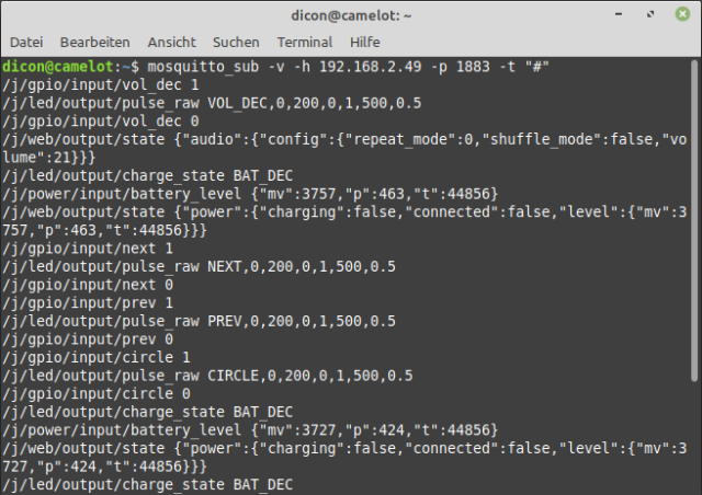 Screenshot of a terminal with mosquitto dumping MQTT commands.