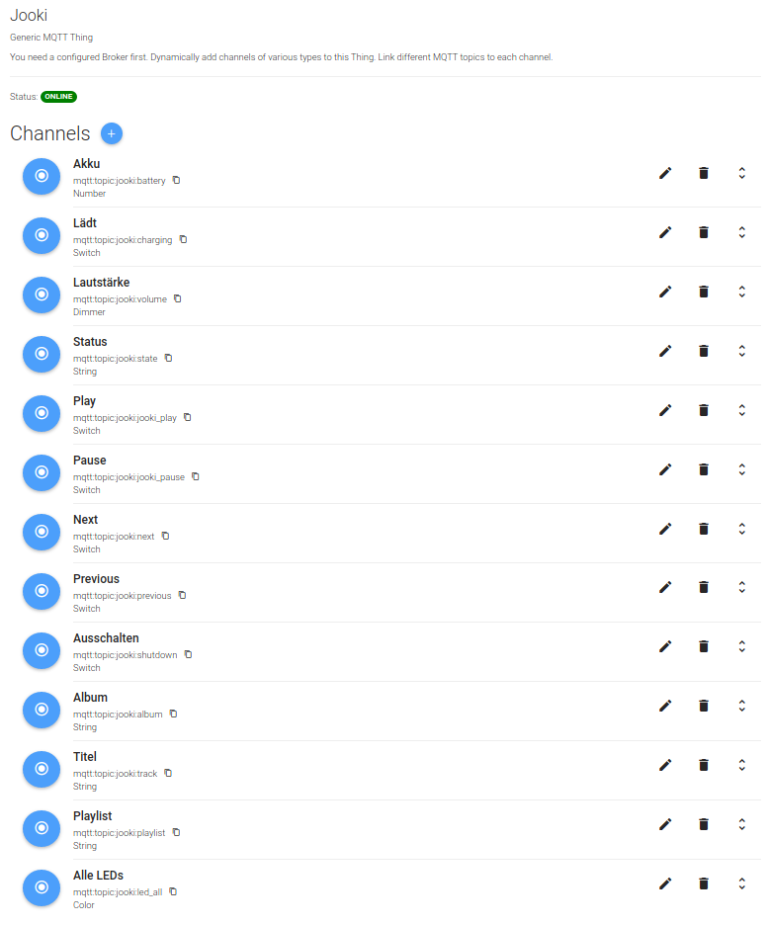 Screenshot of the channels of the Jooki thing in OpenHAB.
