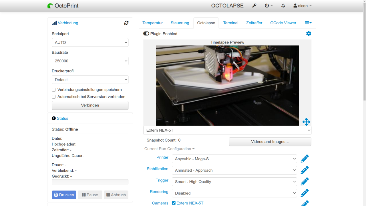 Screenshot of Octoprint.