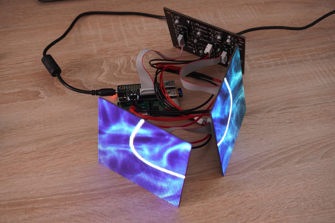 Photo of the disassembled cube with active LED panels.