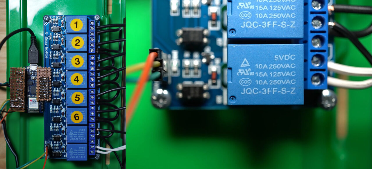 Photo of an Arduino with a 8-channel relay board and a detail photo of the relay switch.