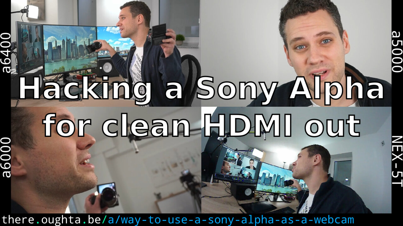 Thumbnail of a youtube video about using a Sony Alpha camera as a webcam, showing four simultaneous perspectives from four Sony Alpha cameras.