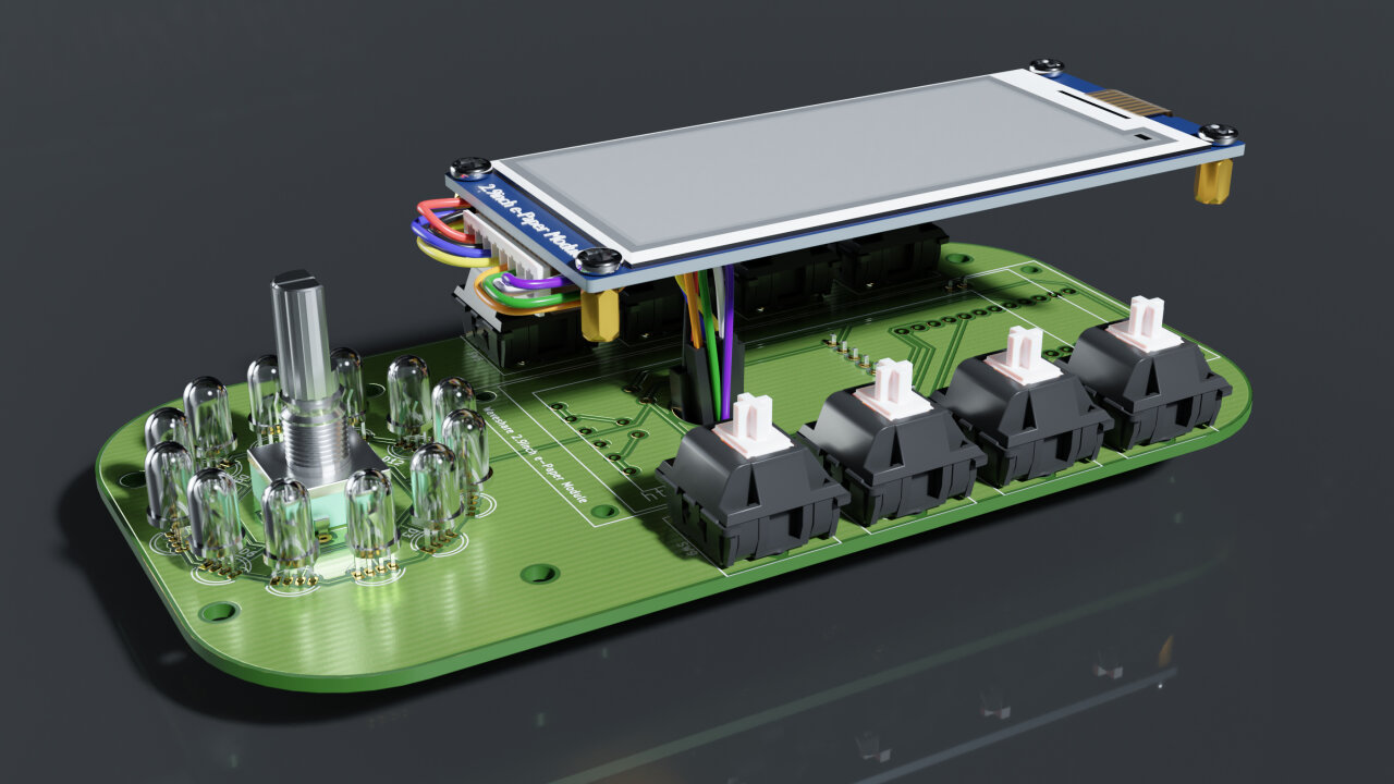 Rendered view of the top with the display hovering above the PCB to indicate how the cables should be placed.