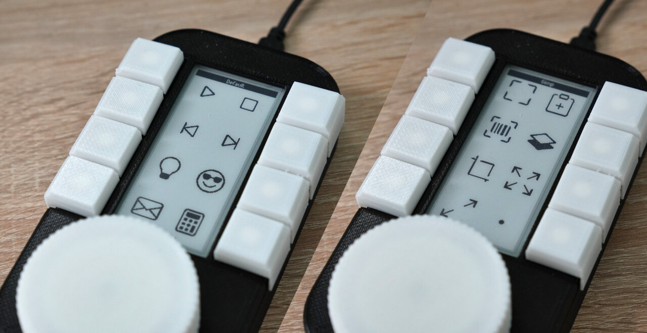 Side-by-side image of the macro keyboard with fallback layout and with the layout specific for Gimp, showing different icons next to each key.