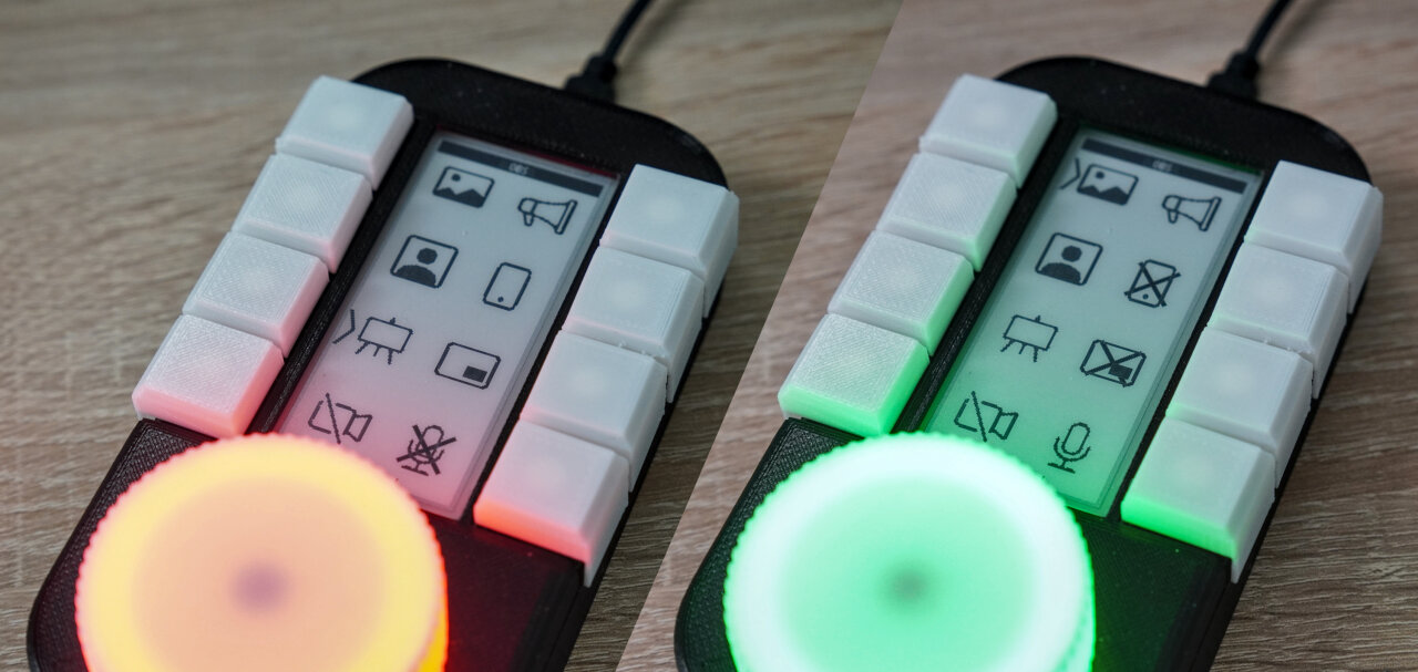 Side-by-side image of the macro keyboard controlling OBS in different states. The jog wheel is red in one image to indicate a muted microphone, but green in the other to show a live mic. Various icons change between a normal and a crossed-out state as their corresponding sources are toggled on or off.