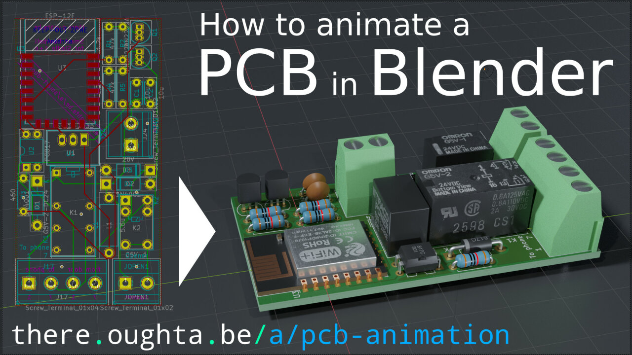 Thumbnail of the youtube video showing a schematic of the PCB on the left and the rendered result on the right.