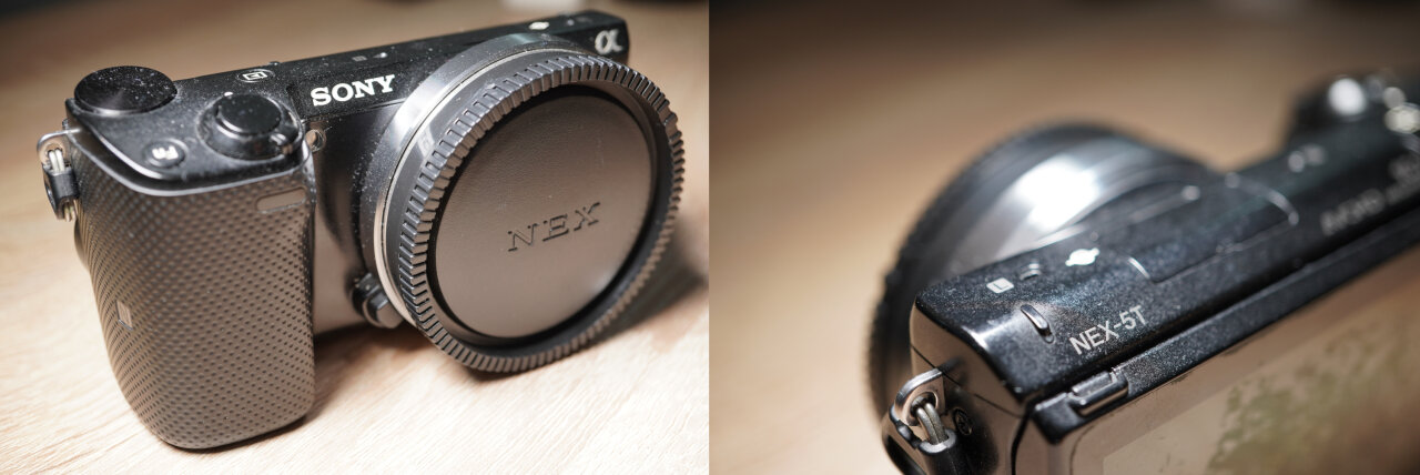 Two pictures of the Sony Alpha NEX-5T. One of the front with a protective cap on the sensor. One from the back with very shallow depth of field and focus on the name NEX-5T.