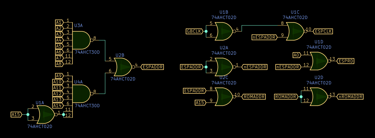 Excerpt of the schematic showing the logic gates that combine the address pins A0 to A15 to form the abstract states ESPADDR, ROMADDR, ESPCLK and ESPRD.