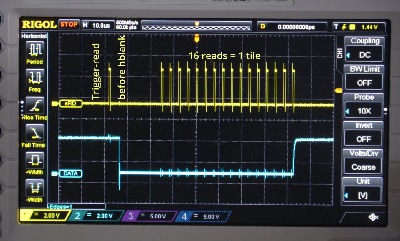 Picture of an oscillocope showing measurements of ESPRD and a data pin from the ESP.