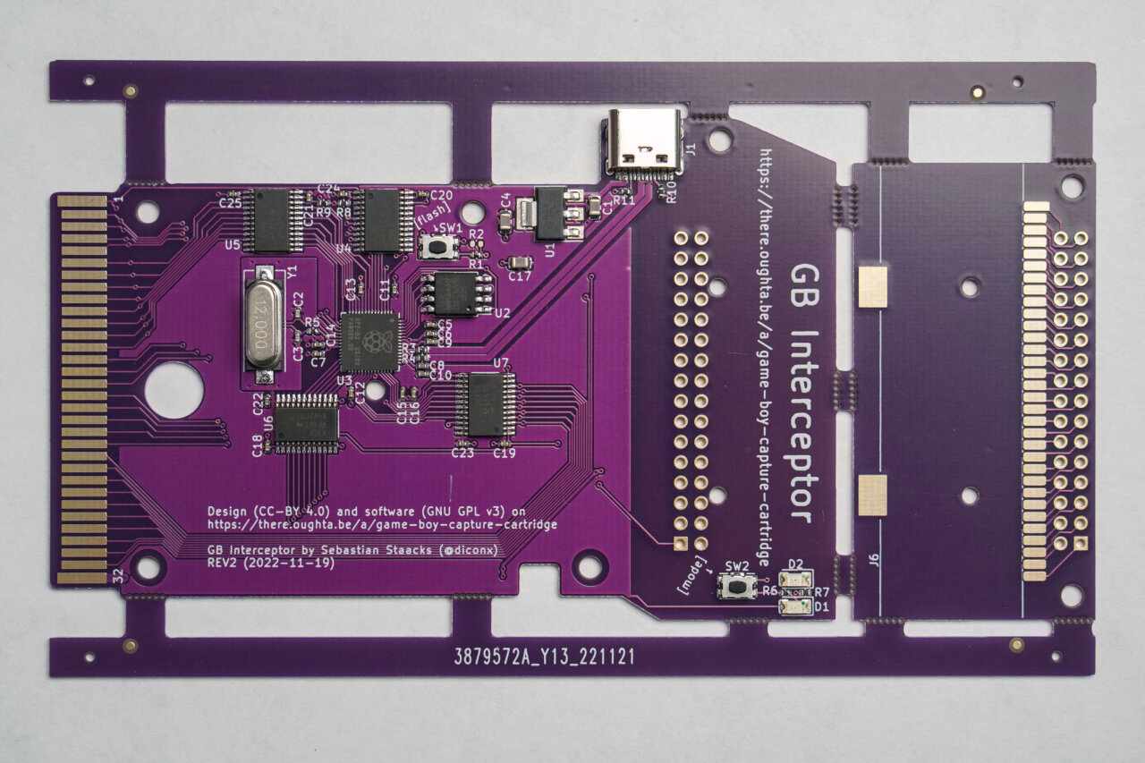 Photo of the purple PCB for the GB Interceptor with brak-out board and rails.