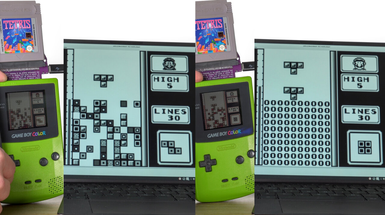 Collage of photos of a Game Boy Color and the correspondig laptop screen showing the video stream from the Interceptor in 2 player mode. On the left, the laptop images mostly matches the Game Boy except for showing different designs for individual blocks. On the right, the entire garbage stack has been replaced with the zeros.