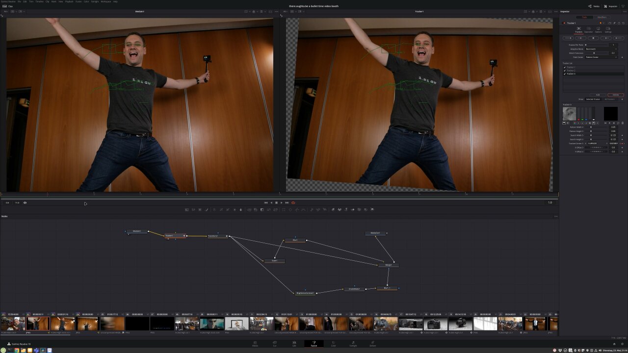 Screenshot of the tracker stabilization in DaVinci Resolve. The lower part of the interface shows a node setup for the stabilization and a blurry background to mask black edges where the image had to be moved too far. The top left shows the original image sequence with tracking markers and the top right shows the transformed stabilized version.