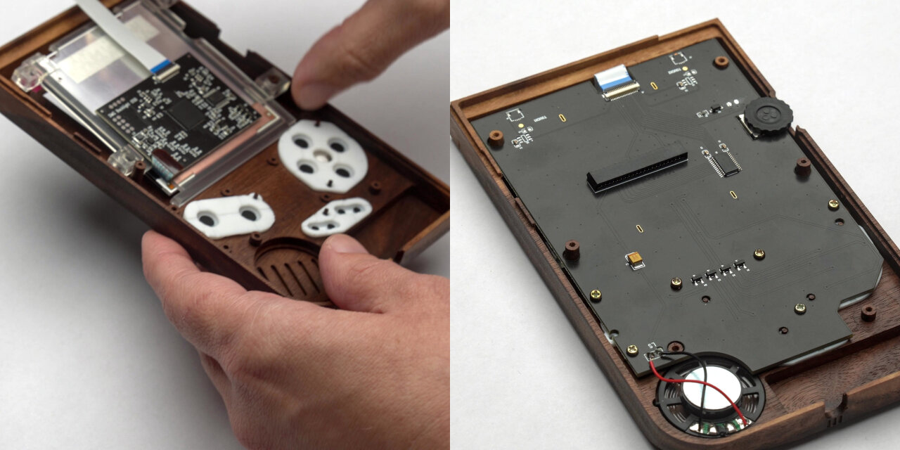 Two photos of the inside of the top half. The left photo has white buttons and silicone pads in place and shows how the display is placed in the case. The right photo shows the display PCB screwed in place, covering most the shell.