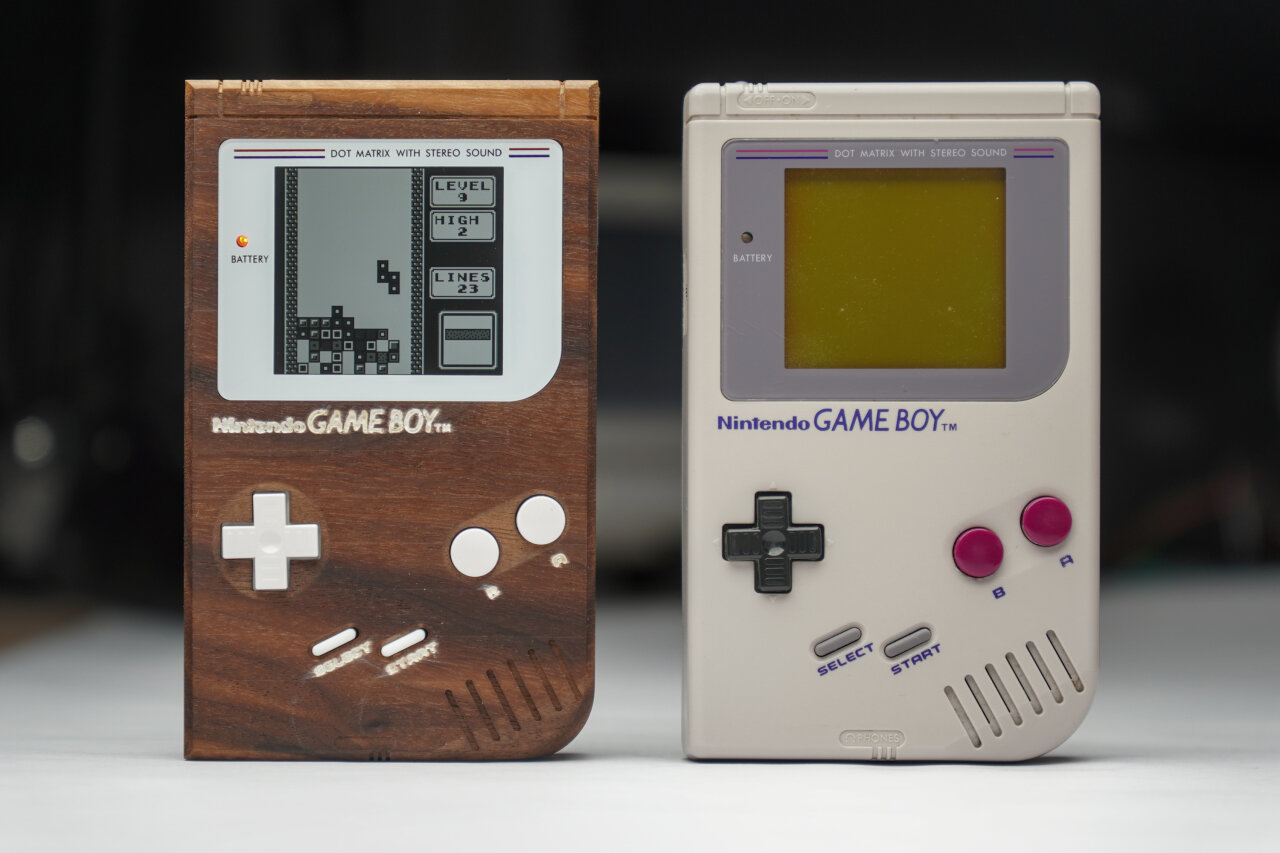 Photo of the wooden Game Boy next to an original Game Boy.