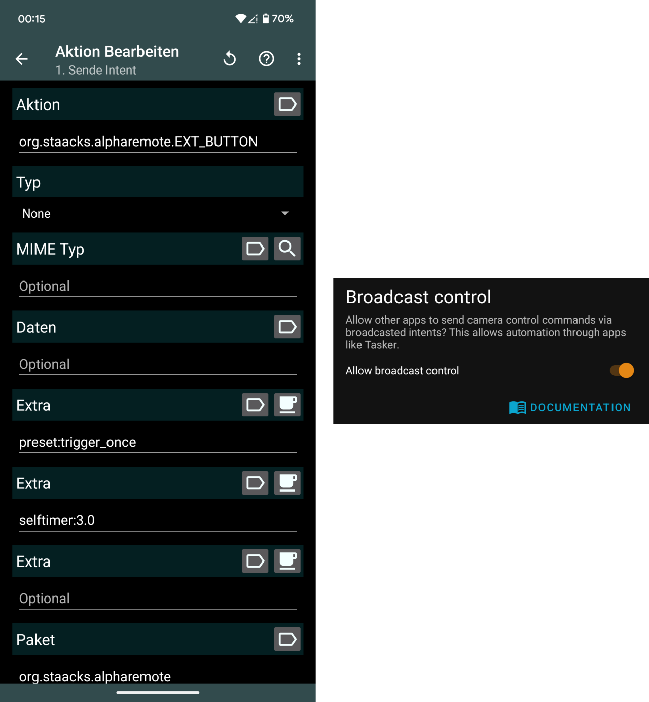 Two screenshot. The left screenshot is from the app Tasker, showing various settings for one of its actions. The right screenshot is a crop of the settings page in α-Remote, showing the toggle that enables control from other apps.