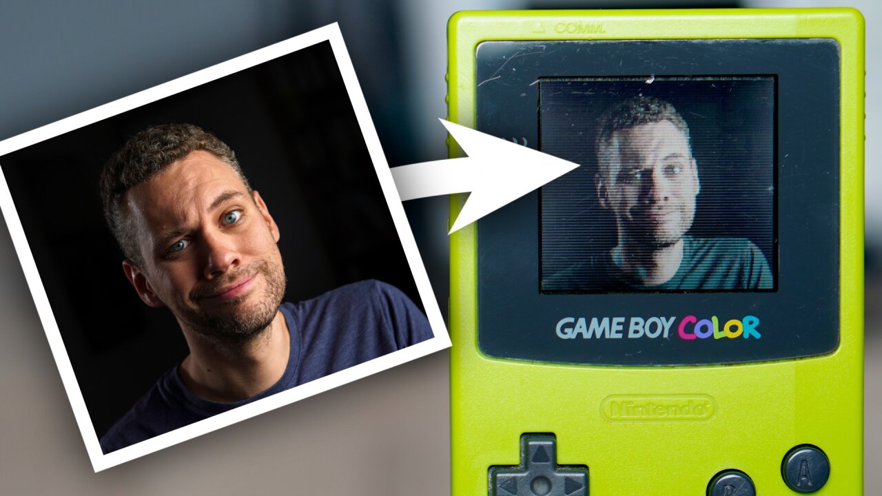 Thumbnail of the youtube video: The image shows a photo of Sebastian with a white frame. An arrow points from the photo to the right at the screen of a green Game Boy Color. The Game Boy Color shows the exact same photo on its screen with slightly washed out colors.